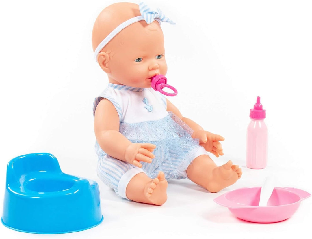 Baby Puppe 35 cm m. Schnuller Töpfchen u. Fütter-Set 3-TLG. Kinder Spielzeug +3J