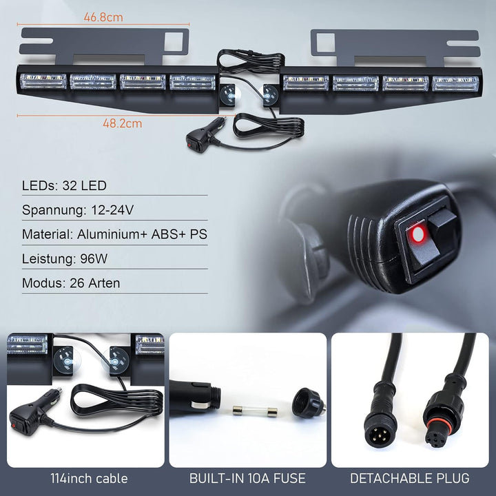 2pcs 16,8-Zoll Blinken LED Warnleuchte Orange + weisses Leuchtfeuer Interior blinkende Lichtleiste V