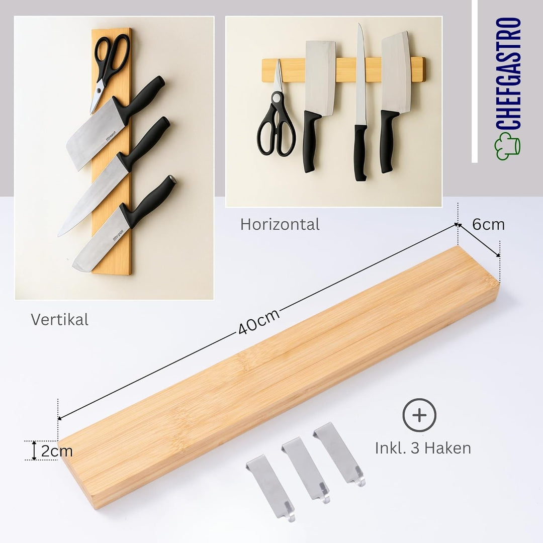 CHEFGASTRO Magnetleiste magnetische Messerleiste Messerhalter aus Bambus, 6,2x40x2,1cm, mit 3 silber