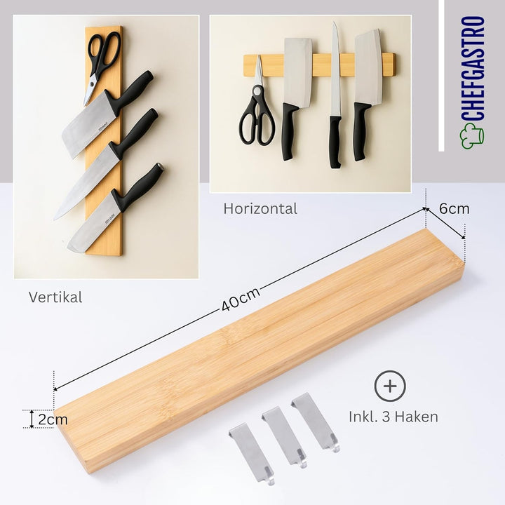 CHEFGASTRO Magnetleiste magnetische Messerleiste Messerhalter aus Bambus, 6,2x40x2,1cm, mit 3 silber