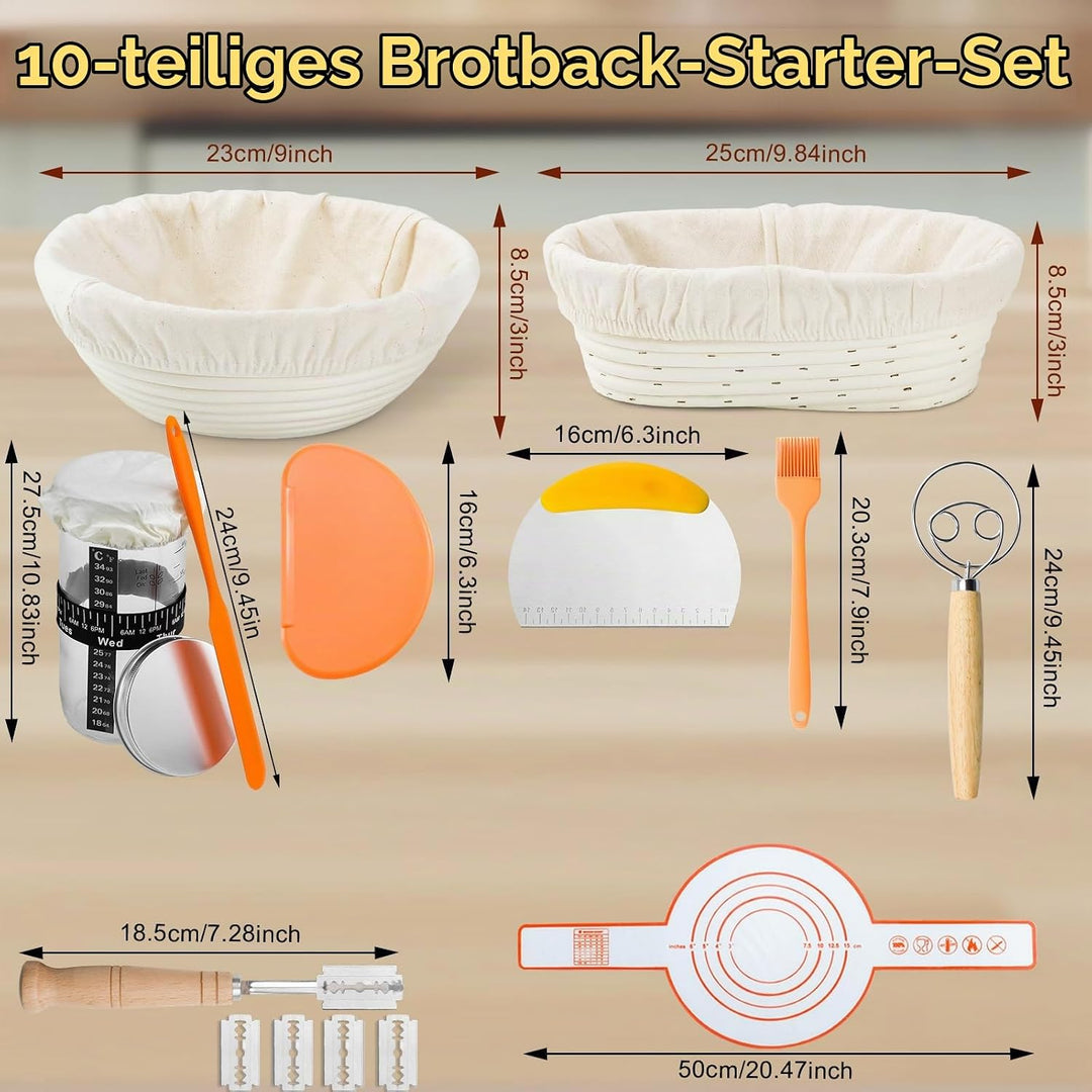 Gärkorb zum Brotbacken inkl.Komplettes Sauerteig-Starter-Set,10-Zoll ovales und 9-Zoll rundes Hefebr