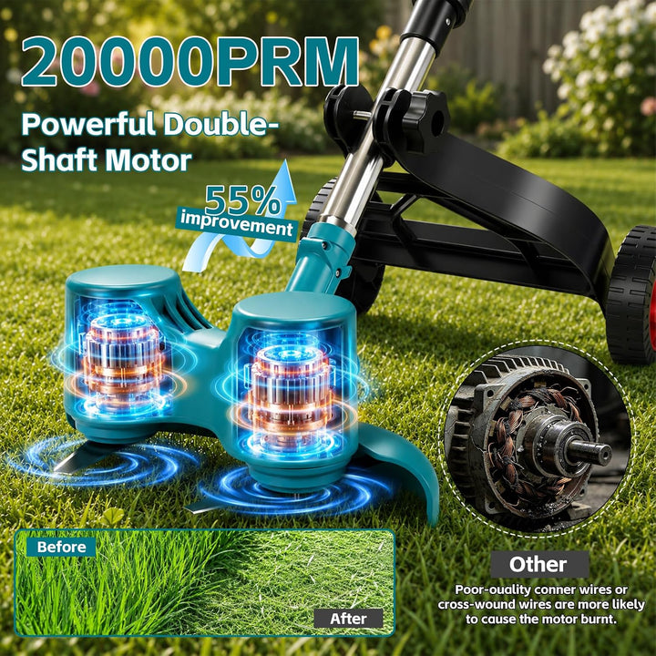 Akku-Rasentrimmer mit 3000mAh Akku, Doppelkopf-Rotationsrasenmäher | 20000 U/min, 6x Klingen, Stützr