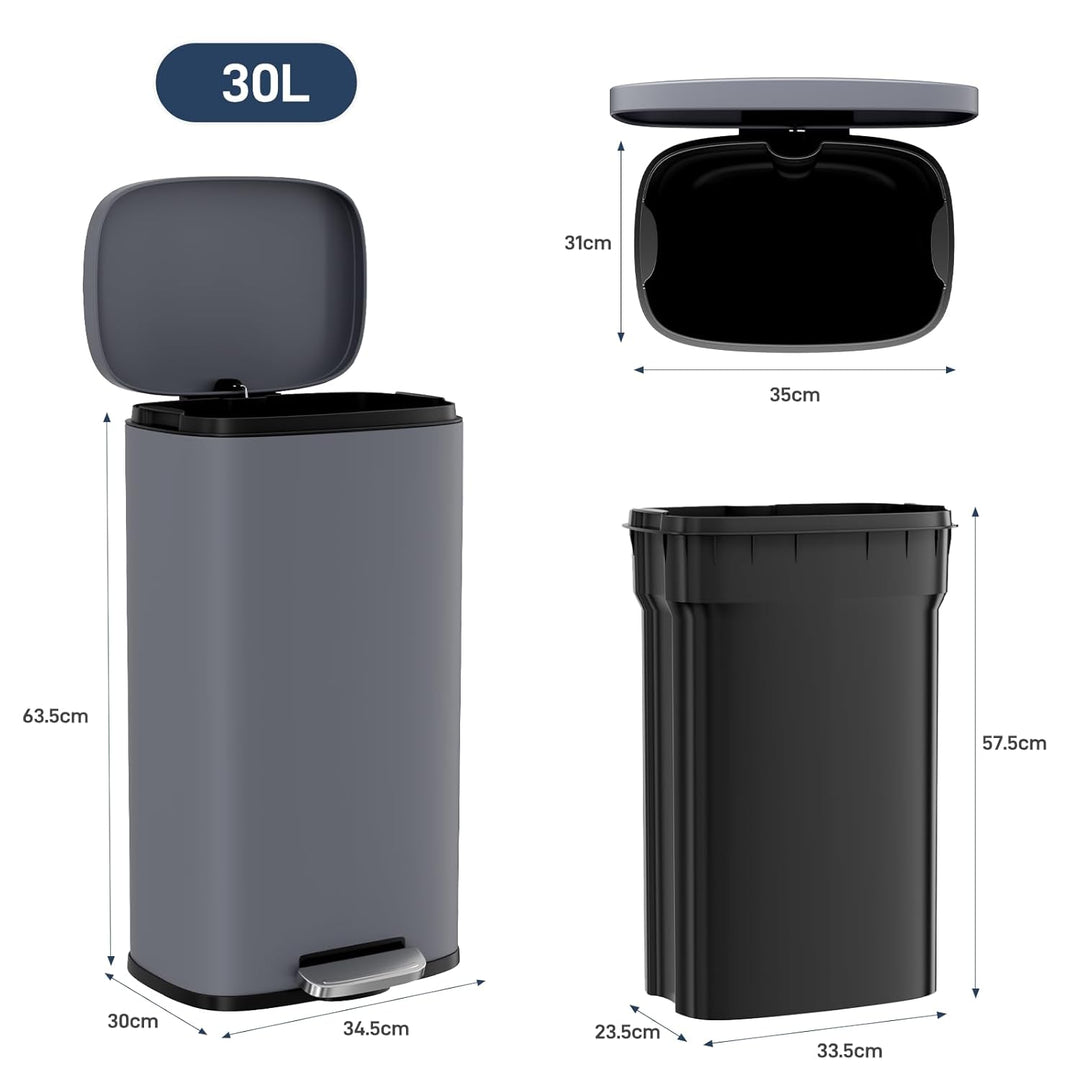Clevich Mülleimer 30L aus Stahl, Abfalleimer, Tretmülleimer mit Soft-Close Deckel, Fusspeda, abnehmb