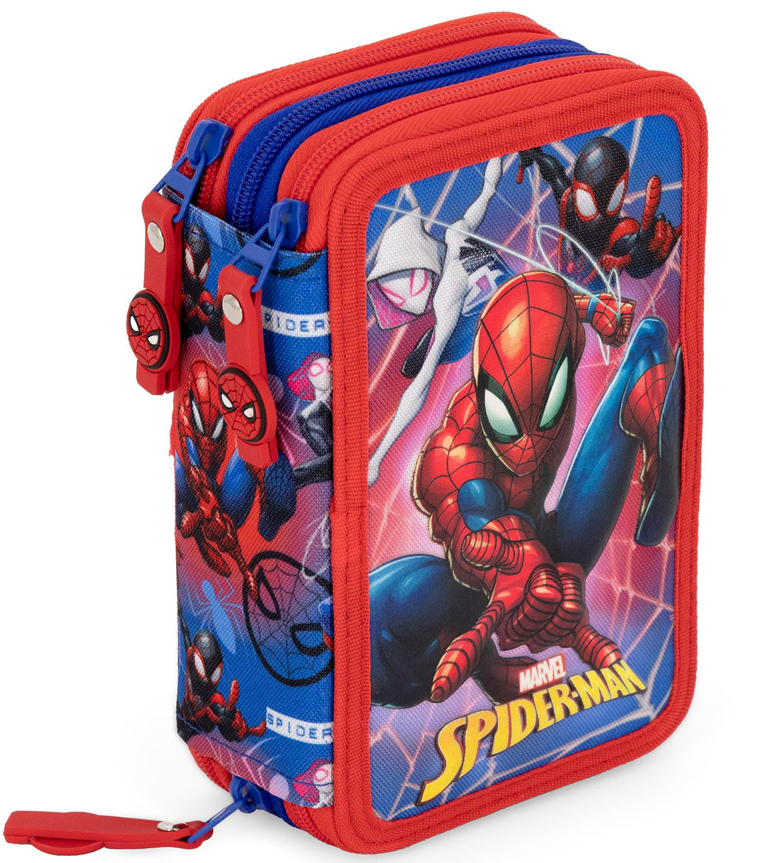 3-Fach Federmäppchen Jungen Gefüllt für Spiderman Fan – Schulmäppchen Set 46 Teile mit Radierbaren S