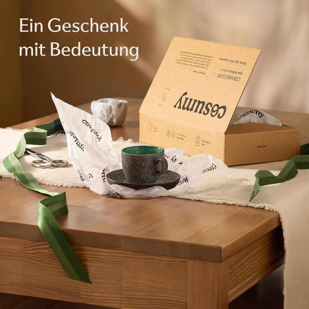 Cosumy 4er Set Espressotassen Bunt 90ml Steingut – mit Untertassen – Mokka | Handgefertigt mit reakt