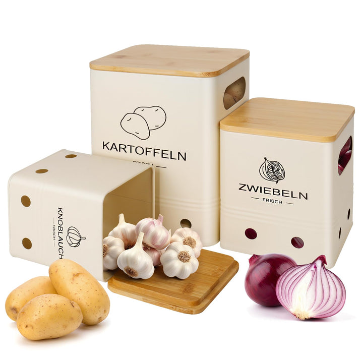 Kartoffel Aufbewahrungsbox, Aufbewahrung Kartoffeln Zwiebeln Knoblauch - 3er Set mit Bambusdeckel -