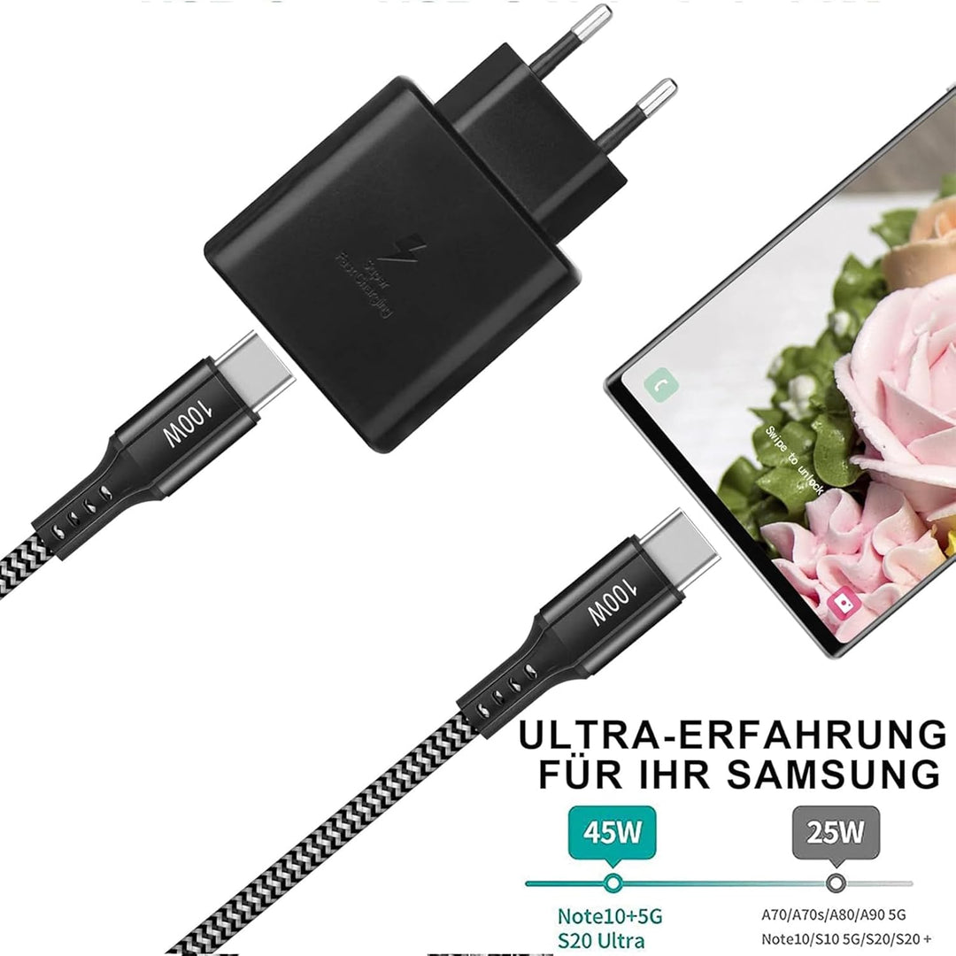 KAIMENGLONG 45W USB C Schnellladegerät Super Fast Netzteil Ladegerät mit 2m USB-C Nylon Ladekabel fü