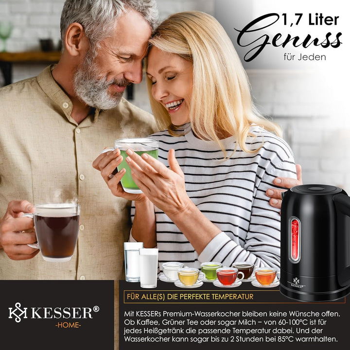 KESSER Wasserkocher 2200W Edelstahl 1,7L mit LED Beleuchtung-Farbe je nach Temperaturwahl 60, 70, 80