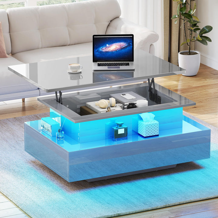 YITAHOME Couchtisch Hochglanz mit LED-Streifen, Couchtisch mit Ablagefläche für Wohnzimmer, moderner