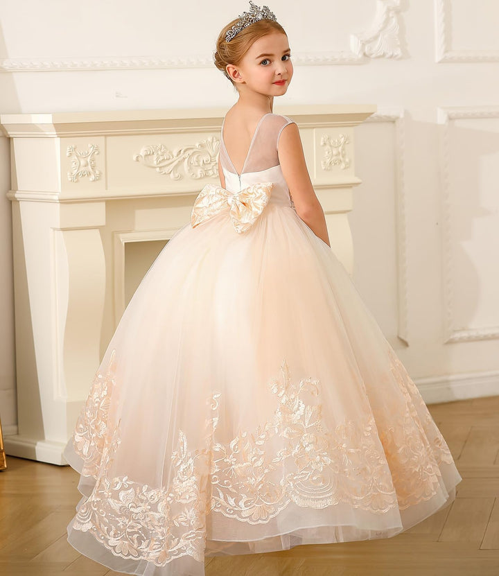 PLWEDDING Spitze Lange Ärmel Blumenmädchen Kleid Prinzessin Tüll Kleid für Kinder Erstkommunion Klei