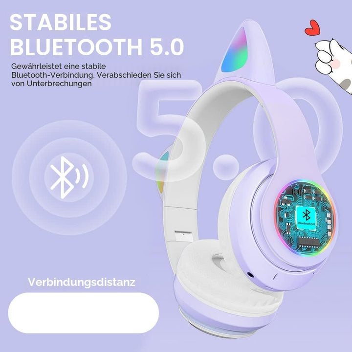 AXFEE Kinderkopfhörer Bluetooth, Katzenohr Over-Ear mit LED-Licht, Faltbar, Stereo, Kabellos mit Mik