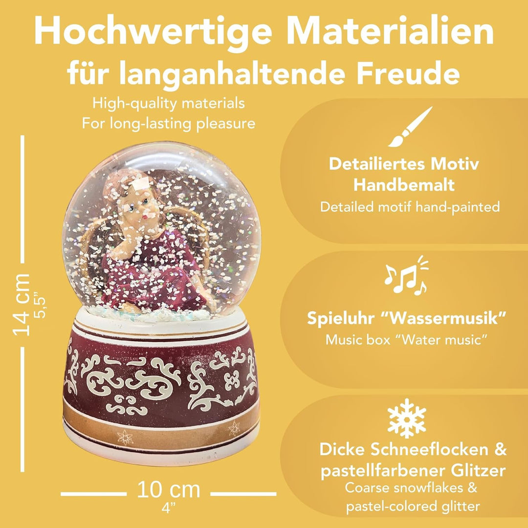 Schneekugel Weihnachten mit Musik | Engel rot verträumt Gold | Sockel rot Gold Ornamente | H: 14cm B