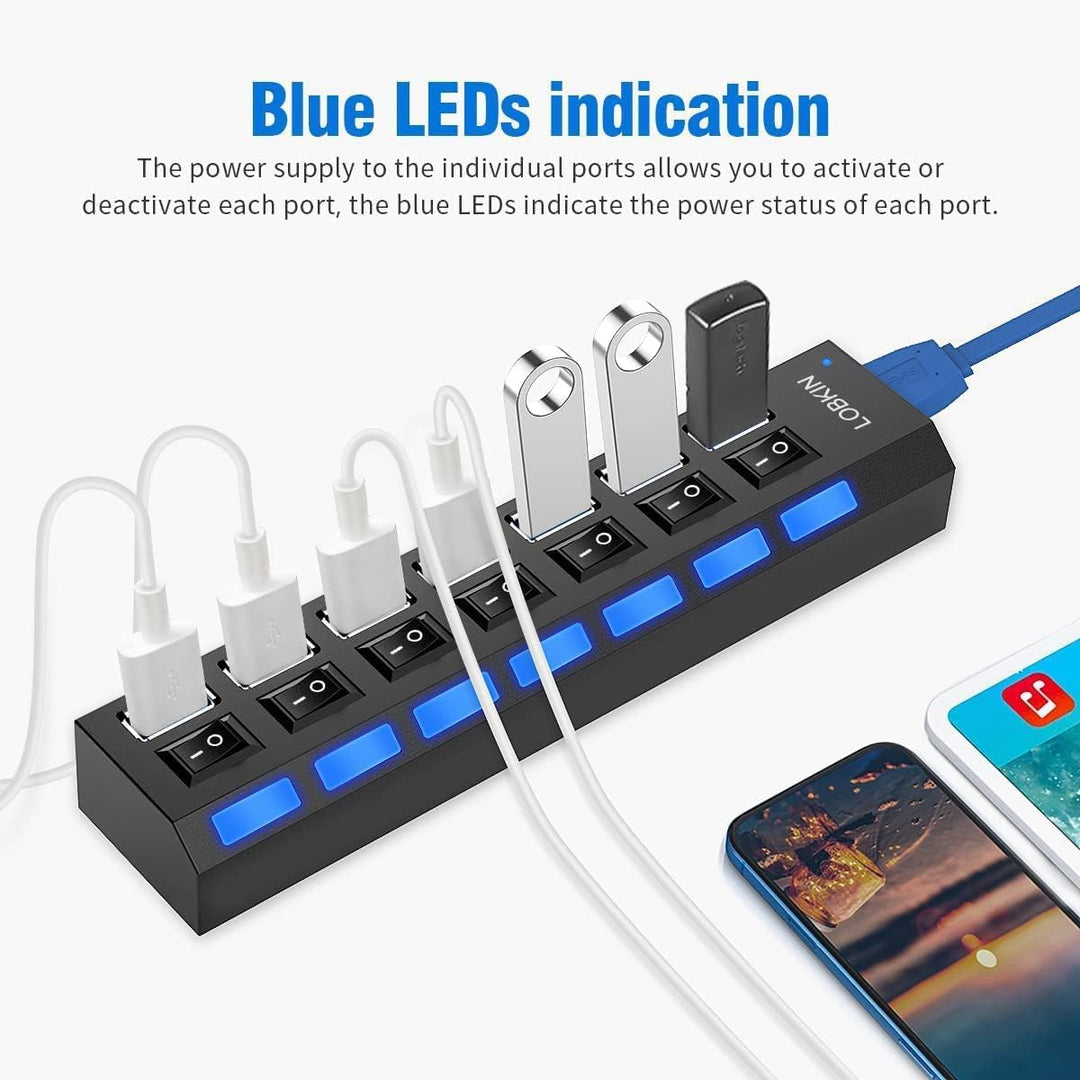 LOBKIN USB Hub 7-Port,Tragbar USB 3.0 Hub mit Einzelnen LED-Netzschaltern fur Laptop, PC, MacBook un