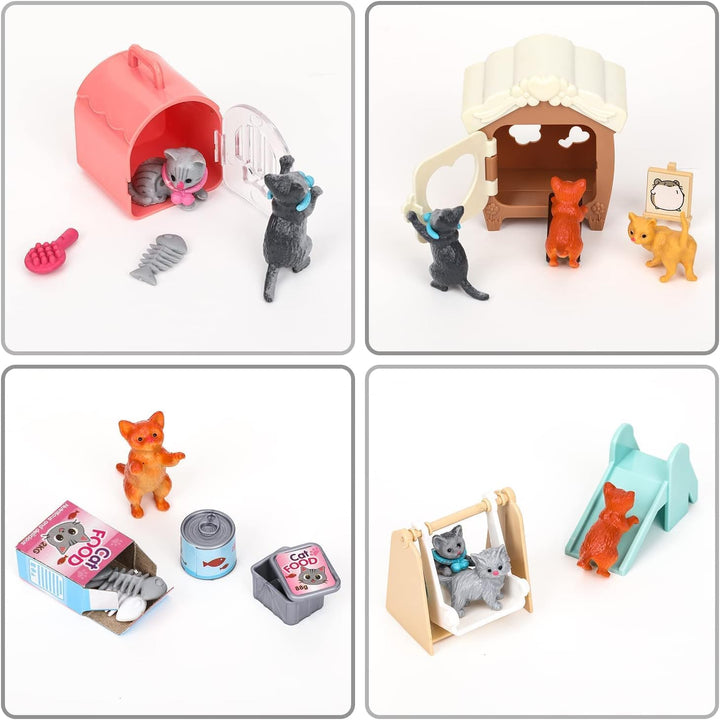 46 Stück Katze Puppenhaus Zubehör, Katzenfiguren Spielset, Wichtel Zubehör, Katzenbaum Katzenhaus Ka