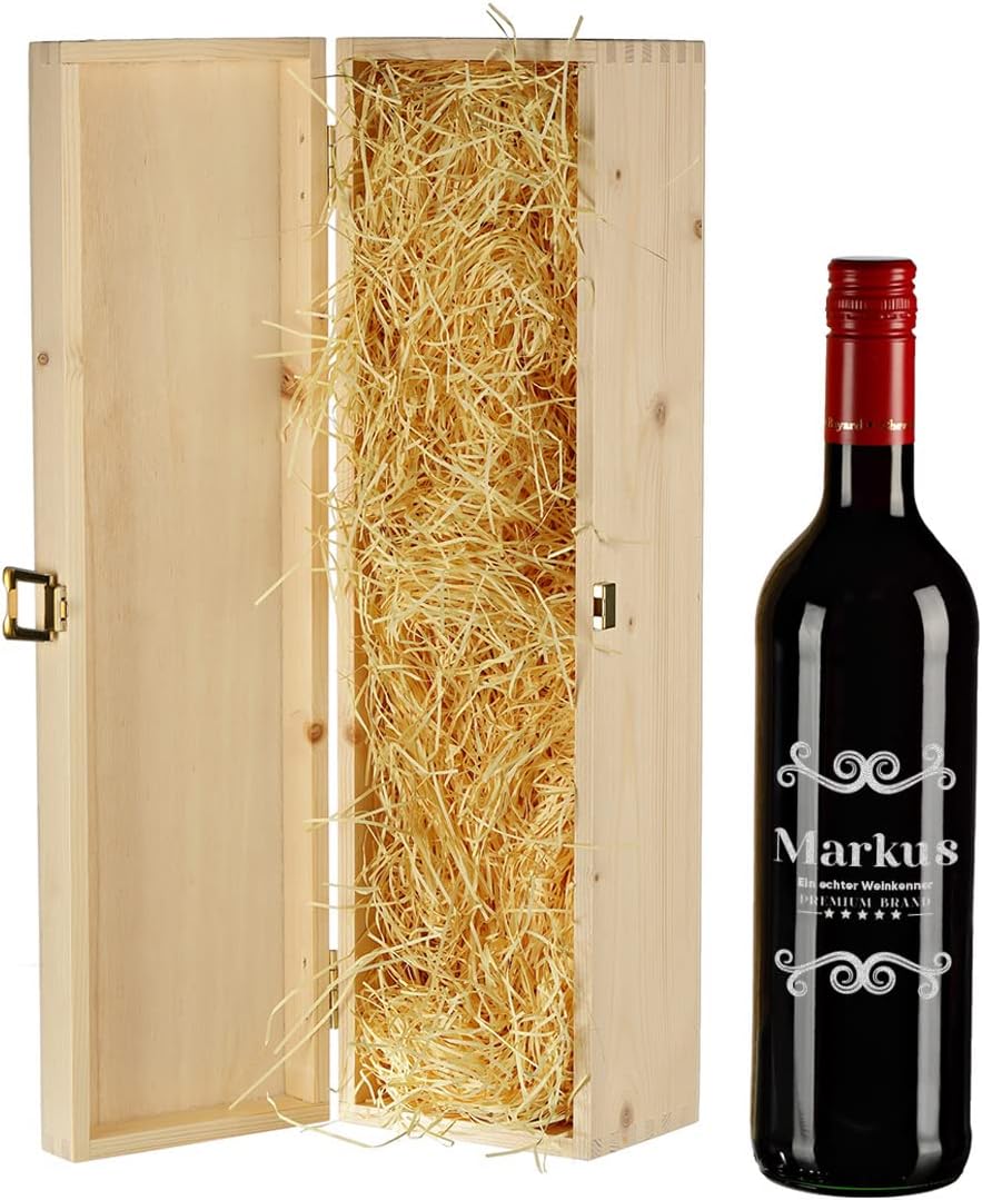 Wein Geschenkset 2-TLG - gravierte Weinflasche 0,7 Liter und Holzbox - perfekt für Geburtstag, Weihn