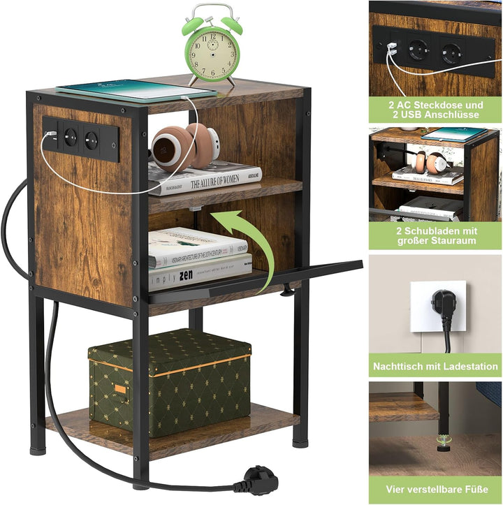 PIPIPOXER Nachttisch mit Steckdose, Nachttisch mit USB Anschlüssen und Steckdosen, Flip Top Beistell