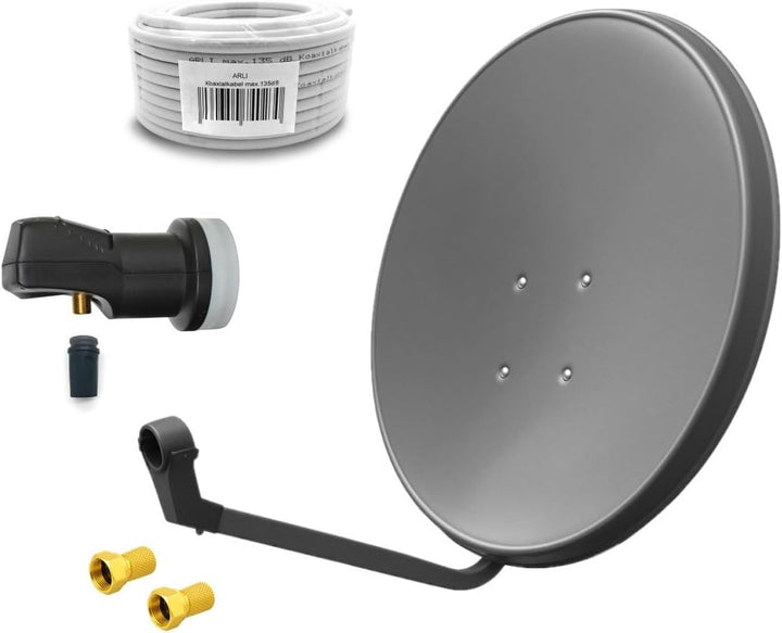 ARLI 60cm HD Sat Anlage Single LNB + 15m Koaxialkabel 135dB + 2X F-Stecker Digital 1 Teilnehmer Ante