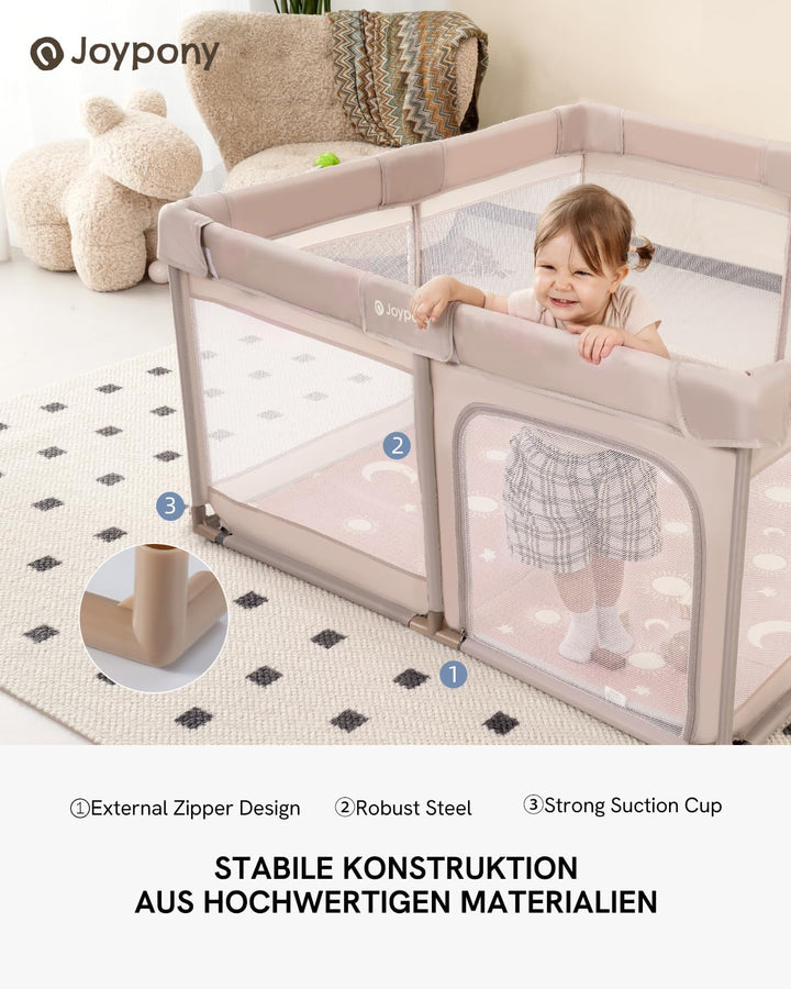 Joypony Baby Laufstall 127 x 127 cm mit Matte, Laufgitter Baby mit atmungsaktivem 360° Netz, rutschf