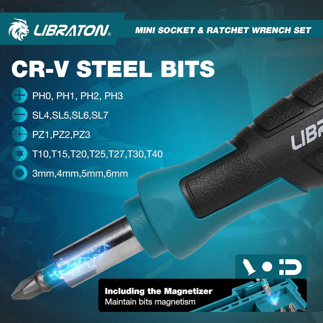 LIBRATON 37-tlg. 1/4 Zoll Ratschenkasten Mini Steckschlüsselsatz mit Bits, 4-13mm Stecknuss, Magnet-