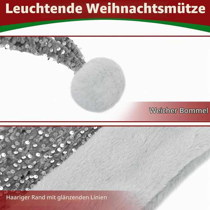 Samt Weihnachtsmannmütze für Erwachsene, Glitzer Seiden Nikolausmütze für Männer und Frauen, doppelt