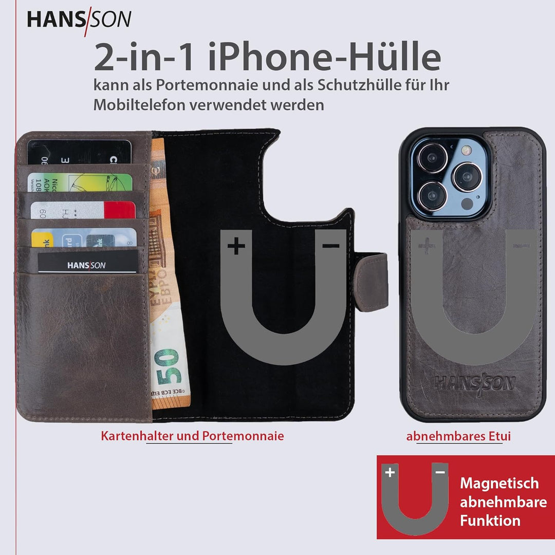 HANS/SON Handyhülle kompatibel mit iPhone 14 pro | Flip Case Echt-Leder | Magsafe Klapphülle mit Kar