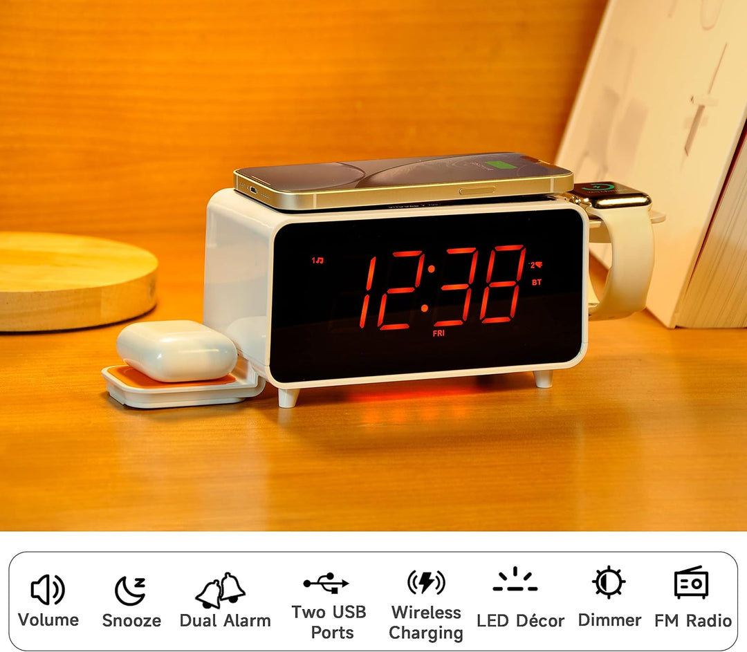 Digitaler Radiowecker mit Kabelloser Ladestation, 15W Fast Wireless Charger for iPhone/Samsung Galax