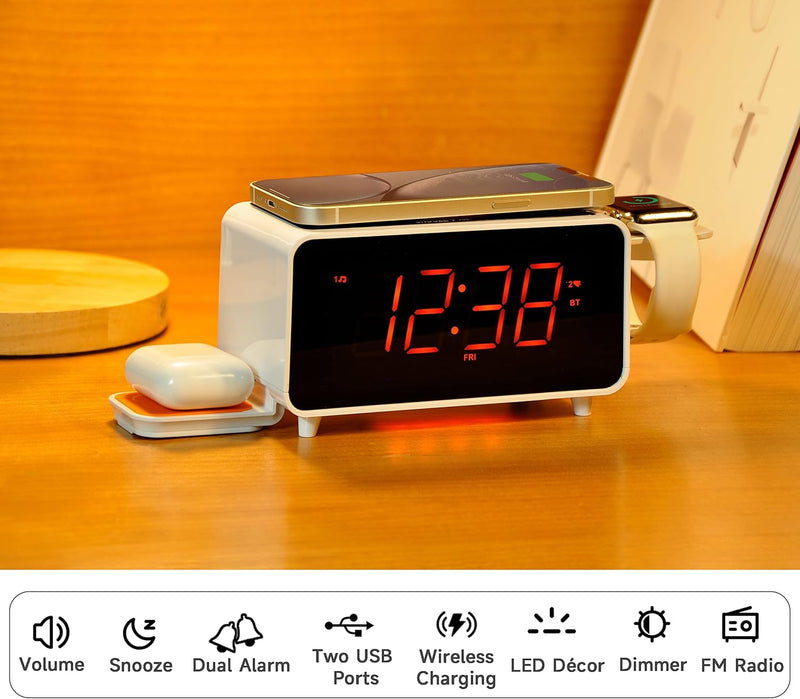 Digitaler Radiowecker mit Kabelloser Ladestation, 15W Fast Wireless Charger for iPhone/Samsung Galax