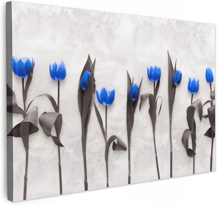 MuchoWow Leinwand Bilder, Einzigartige Wanddeko mit Rahmen, Blumen - Tulpen - Blau, Wandbilder Wohnz