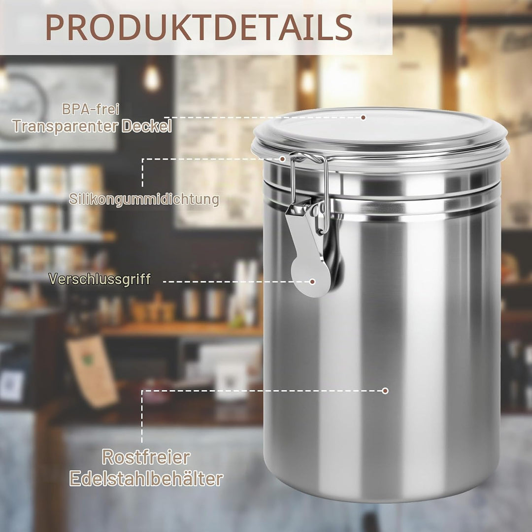2 Stück Kaffeedose Luftdicht mit Deckel, 1.8 L Kaffeebohnen Behälter aus Edelstahl, kaffeebohnen auf