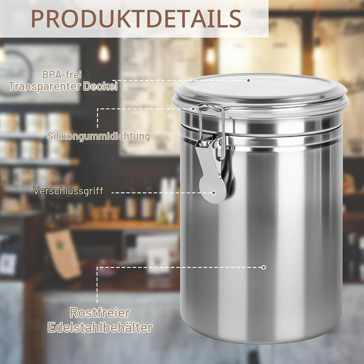 2 Stück Kaffeedose Luftdicht mit Deckel, 1.8 L Kaffeebohnen Behälter aus Edelstahl, kaffeebohnen auf