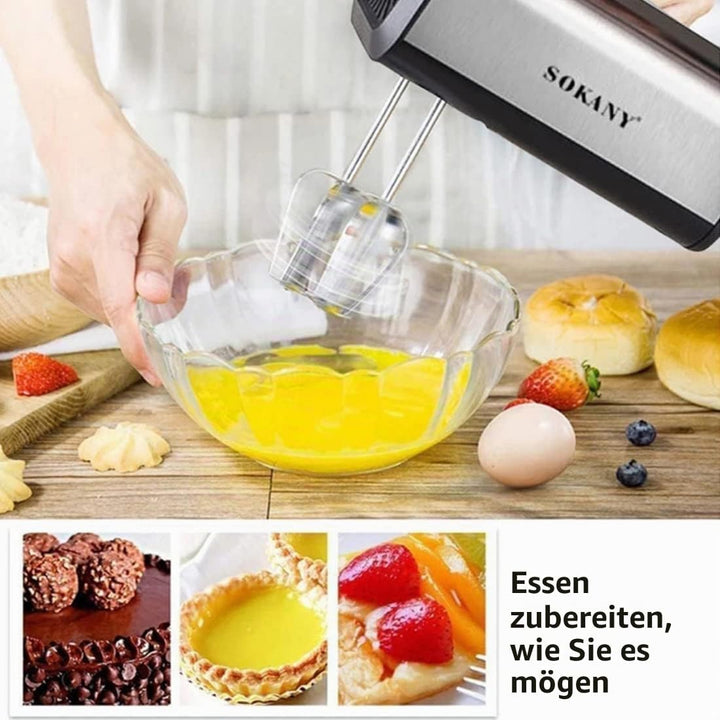 SOKANY CX-6651 Elektrischer Handmixer für die Küche, Handmixer mit 2 Schneebesen und 2 Knethaken, 5