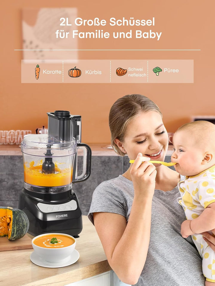 FOHERE Küchenmaschine 2,1 L, 2-in-1-Doppeleinfüllschacht | 2 Geschwindigkeiten + Puls, Edelstahlklin