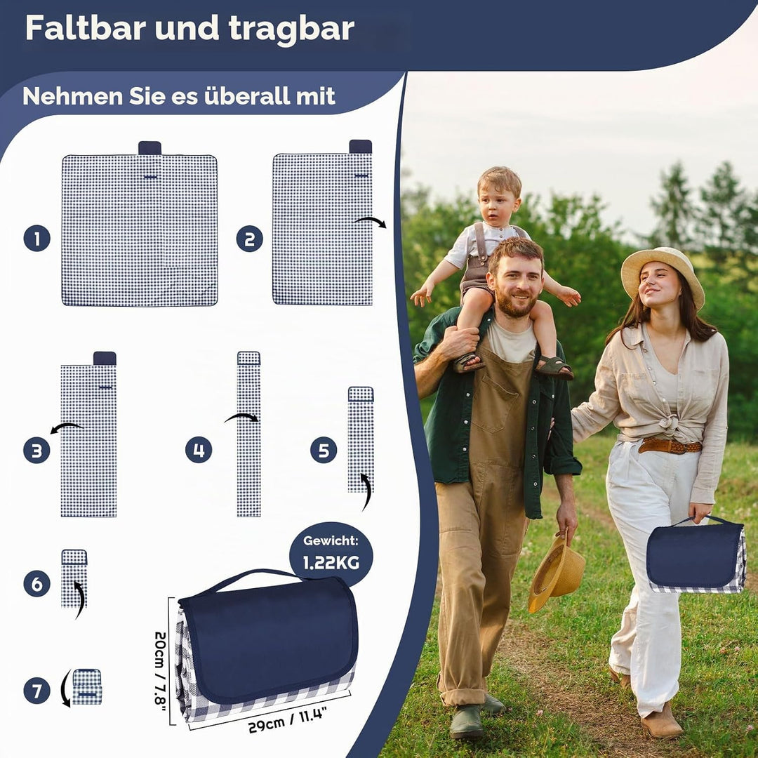 Picknickdecke 200 x 200 cm wasserdicht, grosse Faltbare Stranddecke sanddicht mit Tragegriff, Outdoo