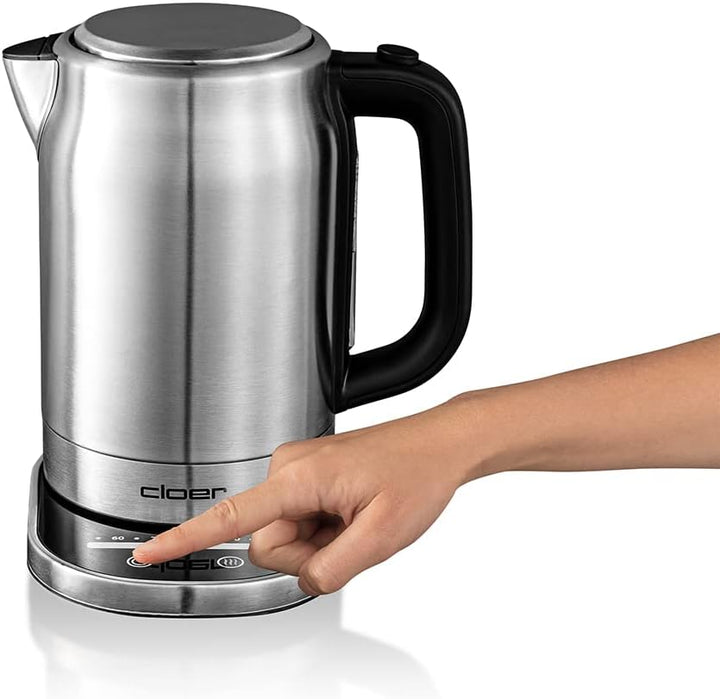 Cloer 4459 Touch-Wasserkocher, Basisstation mit Glasoberfläche-LED-Anzeige, 1,7 Liter, Edelstahl Tou