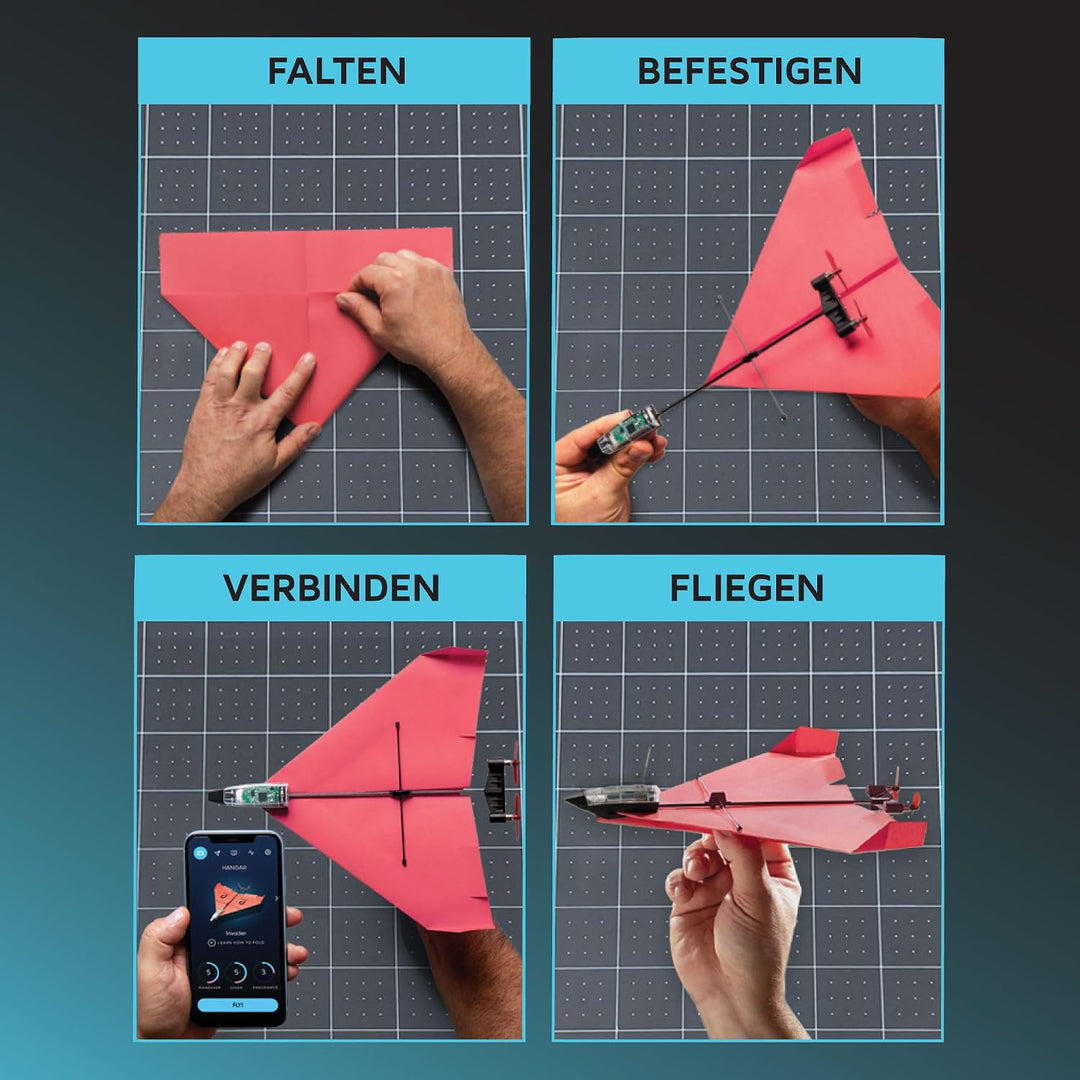 POWERUP 4.0. Smartphone gesteuertes Papierflugzeug Set der nächsten Generation. Einfache Handhabung