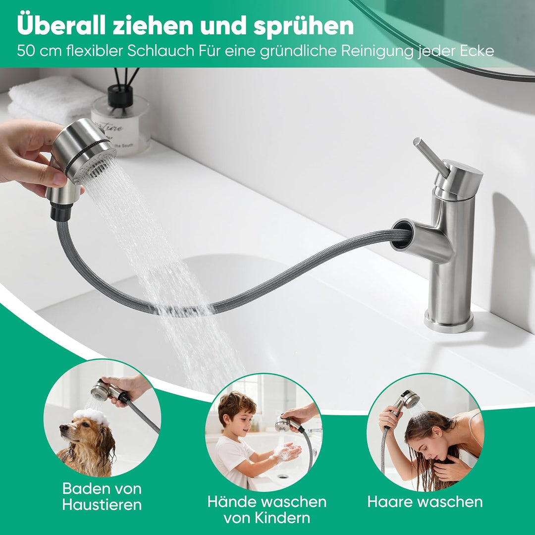 Waschbeckenarmatur mit ausziehbarer Brause Edelstahl-Wasserhahn bad mit Warm- und Kaltwassermischer