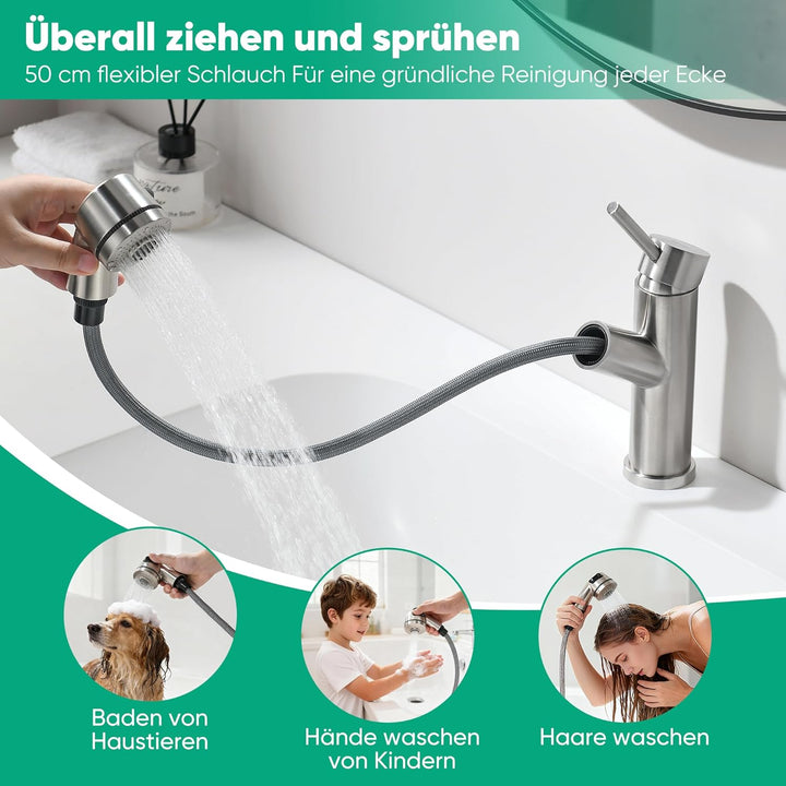 Waschbeckenarmatur mit ausziehbarer Brause Edelstahl-Wasserhahn bad mit Warm- und Kaltwassermischer