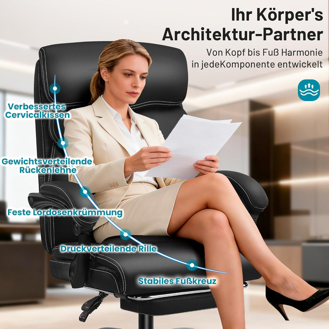 Chefsessel mit Fussstütze &amp; Liegefunktion, Ergonomischer Bürostuhl aus Kunstleder bis 200 kg, Verste