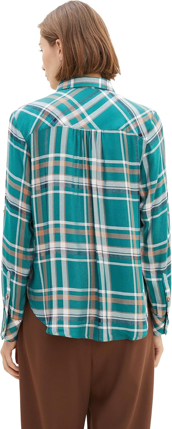 TOM TAILOR Damen Bluse mit Karomuster & Turn-Up Ärmel, 33993 - Teal Beige Check