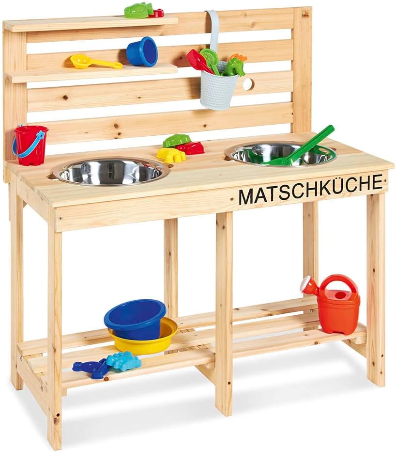 PINOLINO 221011 Matschküche Paul, unbehandelt, vollmassives Holz, Durchlass für einen Gartenschlauch