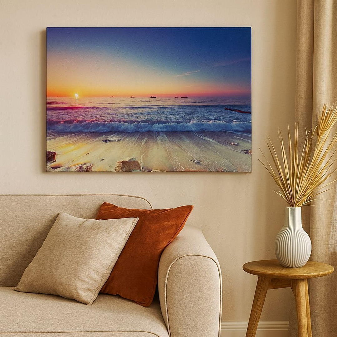 Bilder auf Leinwand 100x70cm Leinwandbild mit Rahmen Meer Strand Welle Gross Wanddeko Bild Schlafzim