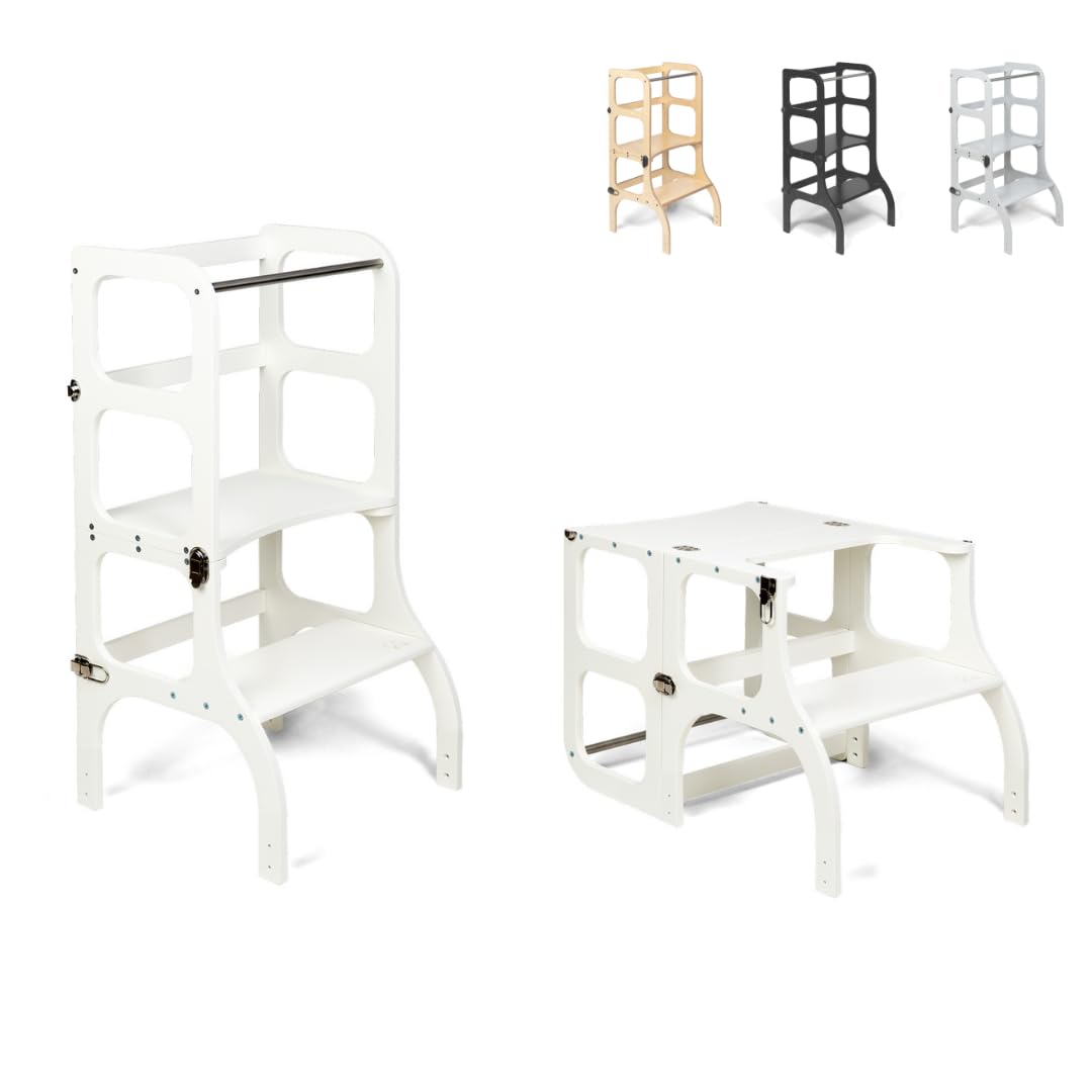 Klappbarer Lernturm mit Sitzfunktion, 45 cm Stehhöhe, Step’n’Sit, Lernturm mit Sitz und Tisch umklap