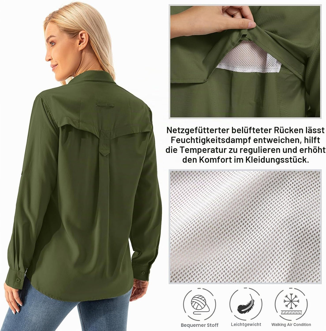 Asfixiado Damen Hemdbluse UV Shirt UPF 50+ Safari Kleidung Wanderbluse Damen Outdoor Cooling Quick D