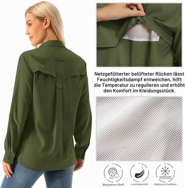 Asfixiado Damen Hemdbluse UV Shirt UPF 50+ Safari Kleidung Wanderbluse Damen Outdoor Cooling Quick D