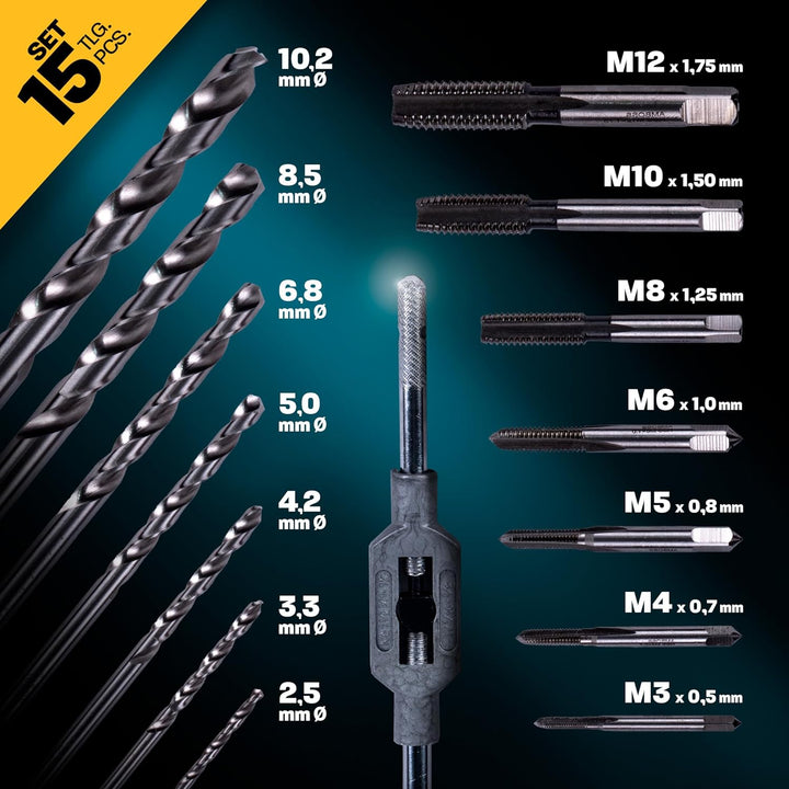 Gewindeschneider Set Metrisch, M3 - M12, 15tlg. HSS-G/Windeisen/Amboss Tap Force/Gewindeschneidsatz,