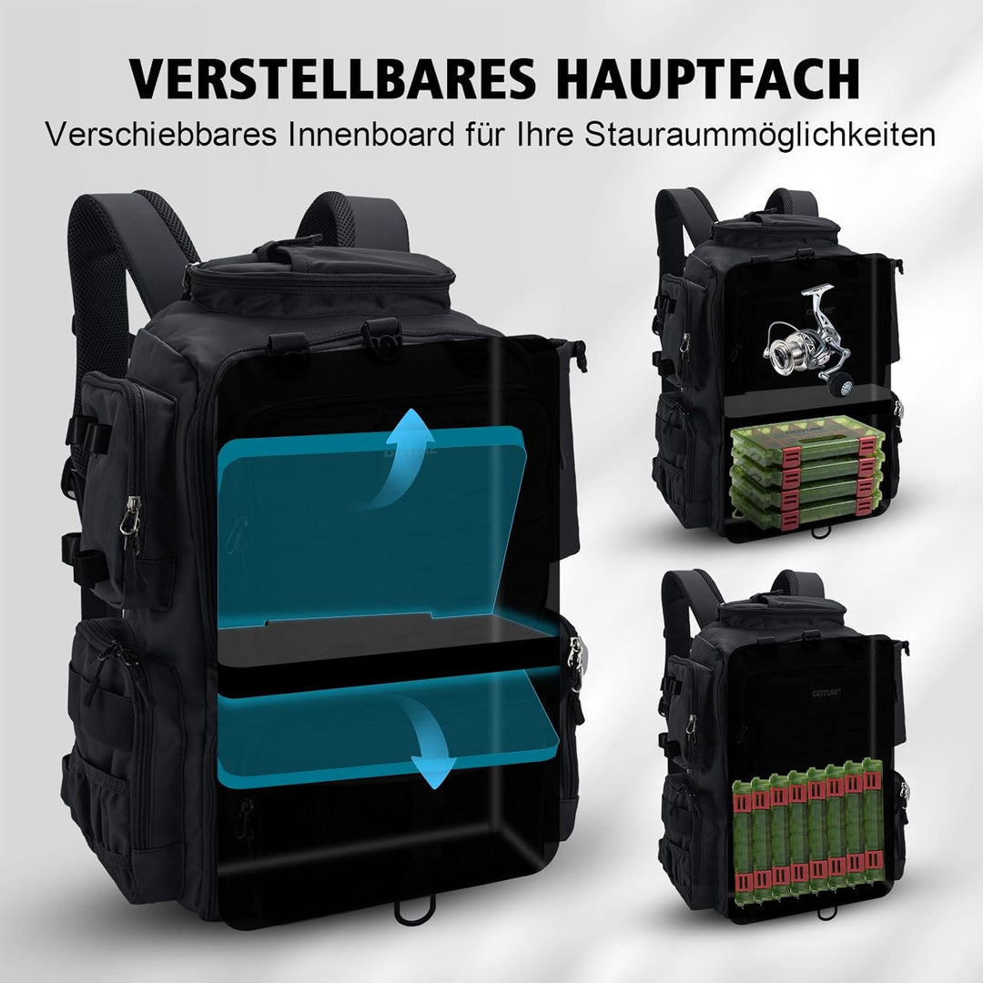 Goture Angelrucksack mit 4 Köderbox Angeln, 45-Liter Angelzubehör-Rucksack mit Zwei Rutenhaltern und