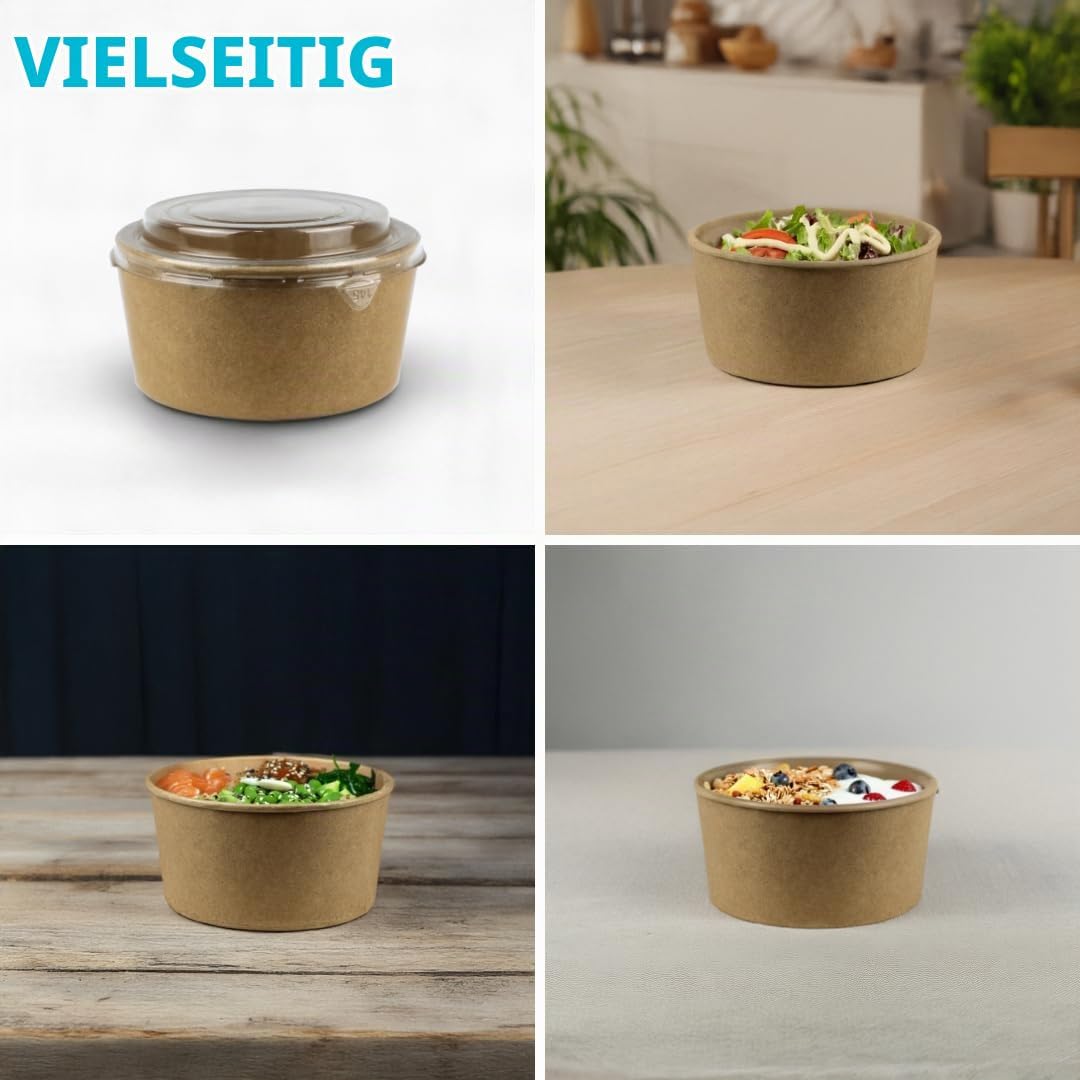Enpack - 750ml Pappschalen für Lebensmittel aus Kraft Papier mit RPET Deckel 100 Stück - Einweg Papp
