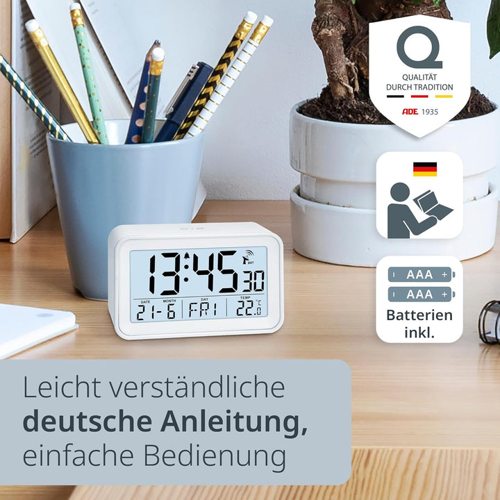 ADE Digitaler Funkwecker mit Licht | Temperaturanzeige und Kalender | kompakter Reisewecker | hübsch