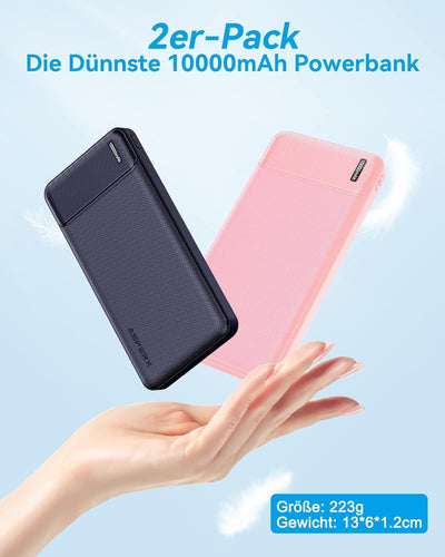 AsperX Power Bank 2 Stück, Powerbank 10000mAh (USB-C-Eingang und -Ausgang) Slim klein Aber stark Ext