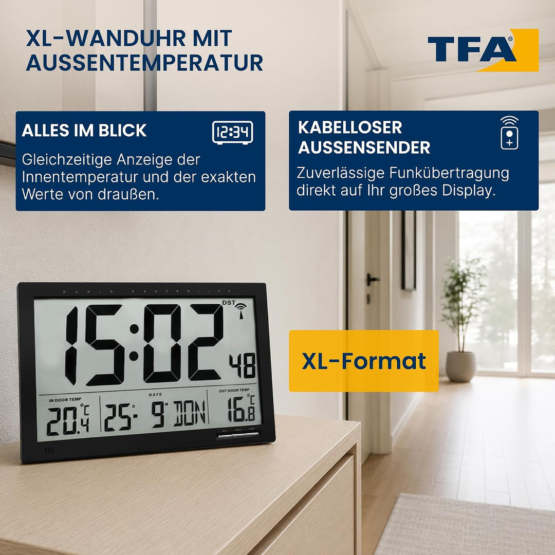TFA Dostmann Digitale XL-Funkuhr, mit Aussen-und Innentemperatur, Wanduhr, gut ablesbar, schwarz, 60